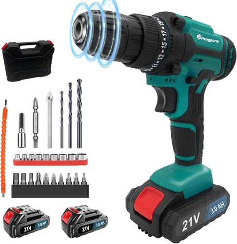 21V Cordless Power Drill with 2 Batteries, Handheld Electric Screwdriver Drill Set, 25+1 Torque Setting, 2-Speed Combi Drill, 3/8 Chuck Drill Driver Kit with 26 Drill Bits and Kit Box for Home DIY