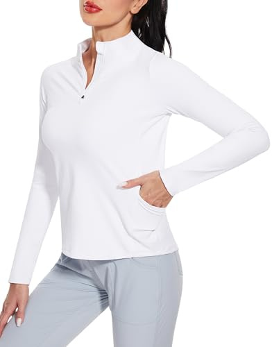 M MOTEEPI Polo à manches longues pour femme avec poche Quarter Zip Polos Chemise de golf pour femme Chemise fonctionnelle Chemise de course, Blanc., L
