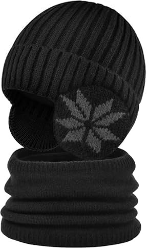 Heveer Berretto Invernale per Bambini Set di Sciarpe a Maglia Cappello 4-10 Anni con Paraorecchie Foderato per l'Esterno Nero