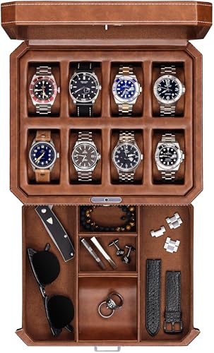 ROTHWELL Boîte à montres en cuir à 8 emplacements avec tiroir – Présentoir verrouillable pour bijoux, dessus en verre véritable – Boîte à montres pour homme et femme