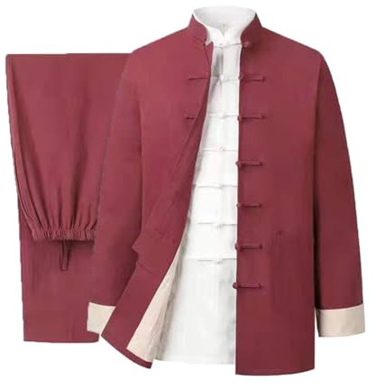 OLSKFUH Kampfsportanzug - Dicker Tang-Anzug Für Herren, Tai-Chi-Kleidung Aus Baumwolle Und Leinen, Kung-Fu-Uniformen, Langärmelige Hosen,Red-Large