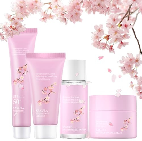 Sakura Anti-Aging Skincare Set, 4pcs Reisegröße Feuchtigkeit Gesichtspflege Set Geschenkset Frauen & Teenager Mädchen, Hautpflege Set mit Spf 50+ Sonnencreme, Gesichtsreiniger, Toner, Gesichtscreme