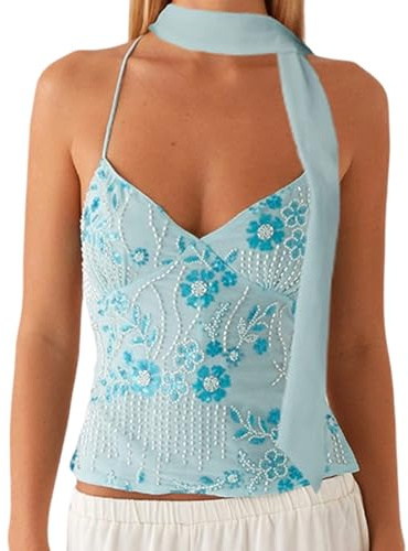 Nicoxijia Women's Y2k Sequin Sparkle Halter Crop Tops Sexy V Neck Beaded Cami Tank Embellished Party Going Out Top with Scarf (Blue, S)
