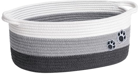 TIMEYARD Dog Toy Basket Cotton Rope Storage Basket with Handles Grey | 35x25x15cm Small Basket for Pet Toys, Towels and Baby Items. Decorative Storage for Shelves and Rooms