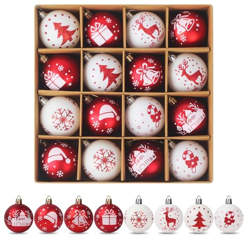 16 Bolas arbol de Navidad Rojas Blancas, Juego de Bolas de Navidad de plástico de 6 cm, Adornos arbol Navidad con cordón para Colgar, Resistentes a los Golpes, para Uso en Interiores y Exteriores