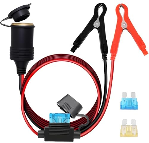 3 Metros Cable de Extensión Mechero de Coche, 12V Toma Auto Cargador, Adaptador con Pinzas de Cocodrilo Cable 16AWG Fusible 15A y 20A para 12V-24V Coche Moto Batería Compresor Inversor Portátil