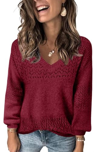 Fisoew Jersey de punto con cuello en V para mujer, manga larga, suéter acanalado, suéter ligero de ganchillo, suéter informal, borgoña, M