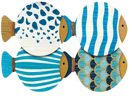 BUBEFSKD Portavasos con Patrón De Peces para Bebidas Juego 4 Juegos Madera Natural Base Antideslizante Cubierta Teletrabajo Juego Atracción Madera Multiusos