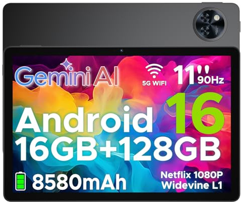 U11 Android 16 Tablet 11 Pollici Gemini AI 16GB RAM +128GB ROM (2TB TF) 8580mAh Gaming Tablet Unisoc T7200 Octa-Core 13MP+5MP Tablets PC WIFI 5/ GMS/ WidevineL1/ 3.5mm Audio/GPS/Face ID/OTG,Nero