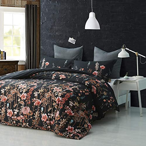 FANSU Bettwäsche 200x200 Set 3 teilig, Microfaser bettwäsche Mädchen Schwarz Bunt Blumen Bettwäsche Set - Weiche Bettdeckenbezug mit Reißverschluss und 2 Kissenbezüge 50x75 cm