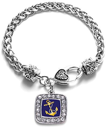 Inspired Silver - Navy Anchor - Silver Braided Bracelet for Women - Square Charm Bracelet Jewelry Gift with Cubic Zirconia - Women's Charm Bracelet with Lobster Claw Clasp