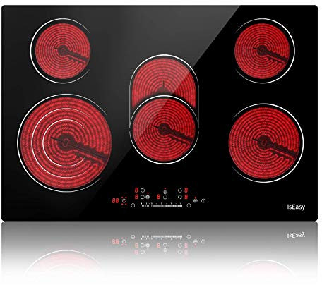 Ceramic Hob, 77cm, 8600W Built-in Electric Glass Ceramic Cooktop, IsEasy Built-in, Black Glass with 5 Cooking Zones, Touch Control, Child-safety Lock&Timer