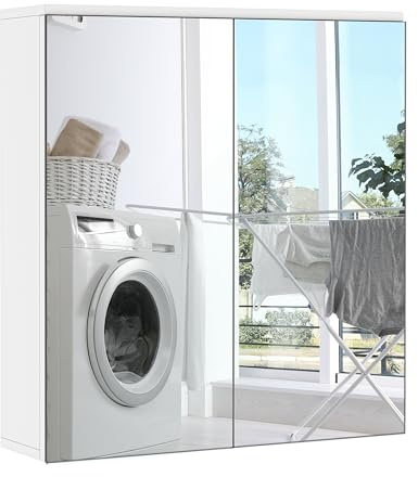 Yaheetech Bathroom Mirror Cabinet, 2 Frameless Doors, White
