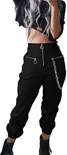 DINGJIUYAN Csual Haremshose für Damen, hohe Taille, Reißverschlusstaschen, Hose mit Kette, Harajuku, Streetwear, Joggerhose, 01-schwarz, S
