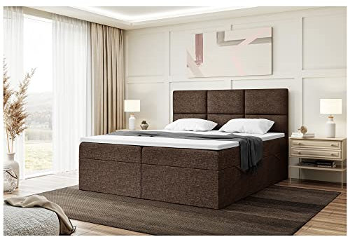 MEBLINI Boxspringbett mit Bettkasten - Gepolstert Doppelbett mit Matratze und Topper - Polsterbett mit Stauraum - Bett mit Kopfteil - Stauraumbett - KYLIAN - 180x200 - H4/Braun Webstoff
