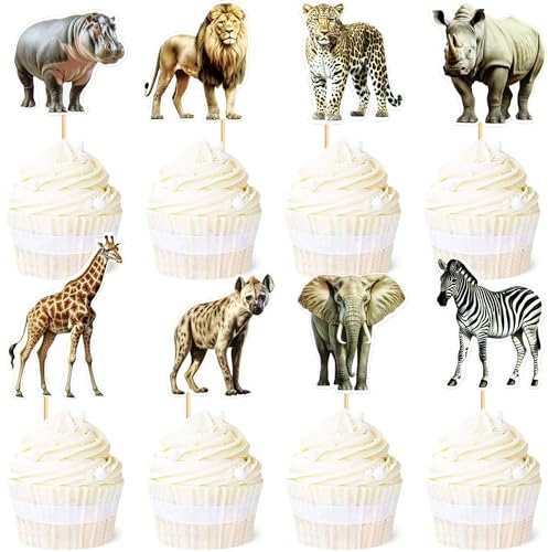Blumomon 24 Stück Safari Dschungel Tiere Cupcake Topper Wildtier thema Geburtstags party Zubehör Tiere der afrikanischen Savanne Party-Dekorationen