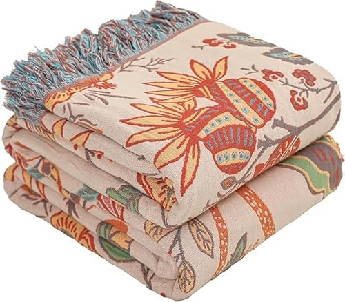 HOORDRY Boho Throw Blanket for Sofa, 100% Cotton Super Soft Floral Print Bed Throw For All Season，80×90 Rustic Vintage Throw Suitable for Chair Table Couch,Green & White