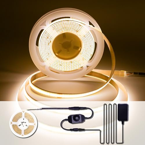ACELUMO COB LED Streifen Warmweiss, LED Streifen Dimmbar mit Netzteil und Dimmer, CRI 92+, hohe Dichte, 8 mm Breite, LED Strip 3m für Unterbau, TV Küche Wohnzimmer DIY, 2700K