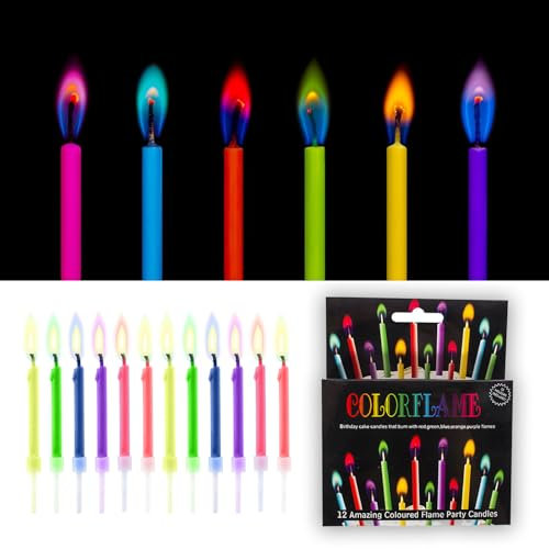 Bolosa 12 Stück Buntleuchtende Party Kerzen, Wunderkerzen Geburtstag, Geburtstagskuchen, Tortenkerzen,Tortenfontäne, Geburtstagskerzen Kinder, Kerzen Geburtstag,Partykerzen mit Bunter Flamme 6 x0,5cm