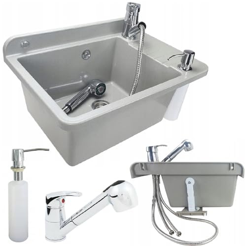 Ausgussbecken Waschbecken Spülbecken mit Armatur Seifenspender Waschtrog Draußen Garten Garage Keller Waschküche Werkstatt