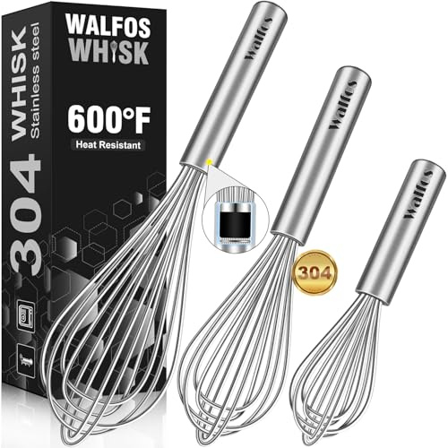 Walfos Whisk,304 Stainless Steel whisk,No-Rust 7+9+11inch Whisks for cooking Nice for Blending,Whisking,Beating.Heat resistant 600°F Dishwasher Safe. Heavy duty kitchen whisk.17.7+22.8+27.9cm -SILVER