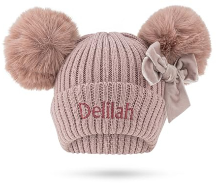 Lobeko Personalised Baby Hat, Double Faux Fur Poms, Knitted Beanie