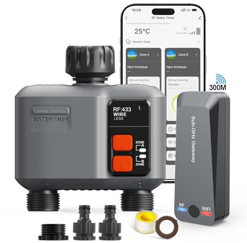 Bewässerungscomputer WLAN 2 Ausgänge mit 300M RF-Technologie, Bewässerungsuhr für Gartenbewässerung Kompatibel mit Alexa & Smart Life App, Automatischem Bewässerungssystem für Garten Rasen