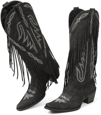 Grakihily Cowboy Boots for Women Retro Pointed Toe Pull On Block Chunky Heel Embroide Tassel Country Concert Outfits Calf Western Cowgirl Boots