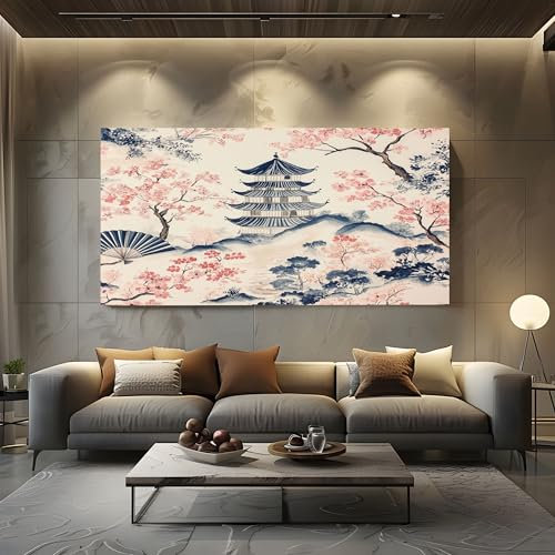 Pagoda Dei Fiori Di Ciliegio In Stile Giapponese Quadri Moderni su Tela per Soggiorno e Camera da Letto Stampe con Cornice 70x140cm, Decorazioni da Parete Bianco Quadri Moderni Soggiorno
