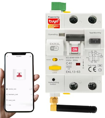 Jadeshay Fi-Schutzschalter 40A 30 mA, 2P WIFI Automatische Wiedereinschaltvorrichtung Leistungsschalter manueller/automatischer Modus Leckageschutz Fehlerstromschutzschalter Typ A AC230V (GKR3L)