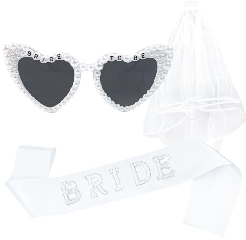 LLMSIX Bride to Be Sash and Veil Heart Shape Bride to Be Sunglasses Set, Bridal Sash Sunglasses and Veil for Wedding Bridal Shower Decorations & Engagement Party Supplies