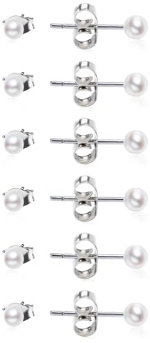 6 paia di delicati orecchini a perno con perle per donne, orecchini ipoallergenici con perle piccole da 3/4/5/6/8/10 mm, orecchini a bottone in argento con perle bianche AAA+ a forma di bottone