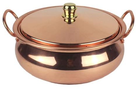 Wswqop Olla de Tapa Perdurable Cazo de Cobre Artesanal para Inducción Cazuela Gruesa de Cocina con Asas Dobles Olla Artesanal de Cobre Pura, 20 CENTÍMETROS