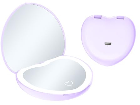 QUMOX Specchio Trucco LED Portatile, Specchietto Compatto da Borsa a Forma di Cuore con Luce, Ingrandimento 1X e 2X, 3 Modalità di Illuminazione, Regolazione Continua della Luminosità, Ricarica USB-C