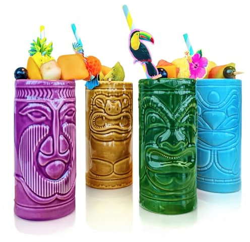 Mikamax – Tiki Mugs Set - Juego de 4 cócteles de cerámica - Copas de cóctel - Copas de Bar Tiki – Taza de Cerámica - 29 x 8 x 15 cm – Copas para Cocteles - Coctel de Piña Colada