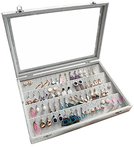 Wudygirl Velvet Jewelry Organizer Clear Lid Earring Holder Organizer 32 Pairs Earrings Storage Stud Tray Showcase Display Case（Earring Storage）