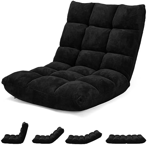 COSTWAY Sedia da Pavimento, Cuscino Imbottito da Terra con Schienale Regolabile a 14 Livelli, Poltrona Pieghevole Relax, Lettura, Yoga, per Soggiorno, Camera da Letto (Nero, 68 x 57 x 56 cm)