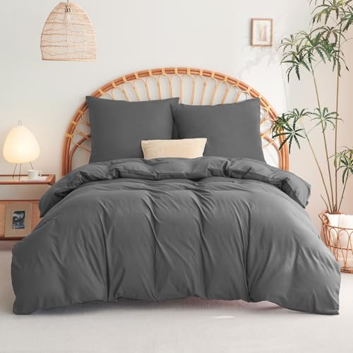 WAVVE Bettwäsche 155x220 3teilig Anthrazit - 1 Bettbezug 155 x 220 cm mit 2 Kissenbezüge 80x80 cm, ÖKO-TEX Bettwäsche-Sets Grau aus Mikrofaser mit Reißverschluss Weich