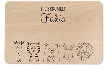 wunderwunsch - Individuelles Holzbrett mit Gravur für Kinder - Personalisiertes Frühstücksbrettchen - Niedliche Motiv-Brettchen mit Namen (Tiere unten, 22cm x 14cm x 1cm)