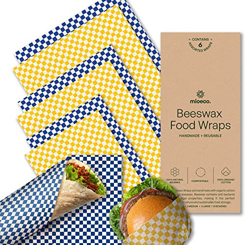 MioEco Beeswax Wrap for Food – Assorted 6 Pack Organic Cotton Bees Wrap – Reusable Beeswax Food Wrap - Made from Natural Ingredients – 3 Sizes (2S, 2M, 2L) (Checkered)