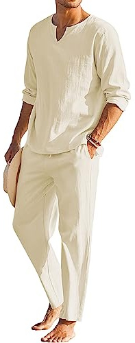 Vioyavo Completo Uomo Estive 2 Pezzi Sportivo in Lino e Cotone Maglietta Manica Lunga + Pantaloni con Elastico in Vita Tinta Unita Traspirante Casual per Spiaggia Vacanza (Cachi, L)