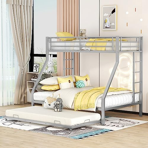 Ctastay Letto a Castello per Bambini, Letti Singolo 90x200 e 140x200, Letto Estraibile 90x190, Tre Letti e Quattro Posti, Struttura in Metallo, Argento, Senza Materasso