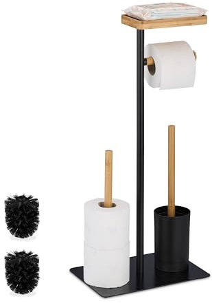 Relaxdays WC Garnitur, Bambus, Eisen, freistehender Klopapierhalter, Toilettenbürste mit Bürstenhalter, schwarz/Natur