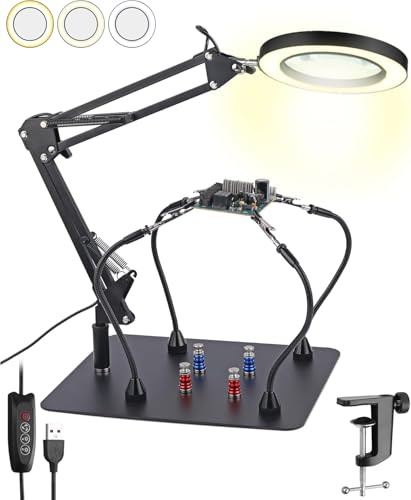 eSynic 8 x förstoringsgla 4 magnetiska händer lödstation professionell ljus/stor bas/klämma/4 st bräda fast pelare/72 lysdioder skrivbordsförstoringsglas