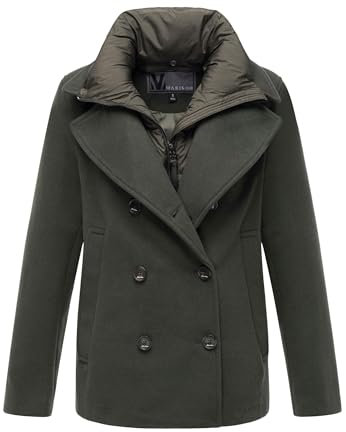 MARIKOO Damen Winterjacke (S-3XL) - Kabanjacke mit 4 Taschen, hochstehender und gefütterter Kragen (abnehmbar), Warme Jacke Frauen - N044 (XL, DOlive)