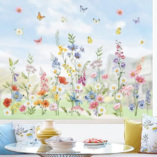 wondever Spring Flower Daisy Window Clings Wildflower Floral Butterfly Glass Sticker Decal Anti Collision Double-Side Static Window Stickers for Home Glass Window