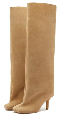 Dumjey Bottes hautes pour femme - Talon aiguille - Bout carré - En daim - Bottes hautes à enfiler - Bottes longues - Mollets larges - Tendance - Décontractées - Mignon, Camel, 42 EU