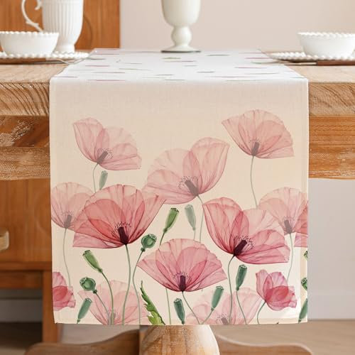 Runner da Tavolo Primavera Estate Fiori Rosa Decorazione da Tavolo Moderna Botanica Foglie Verdi Stagionale per Tavolo da Pranzo per Cucina per Feste All'aperto Decorazioni Soggiorno 40 x 140 cm