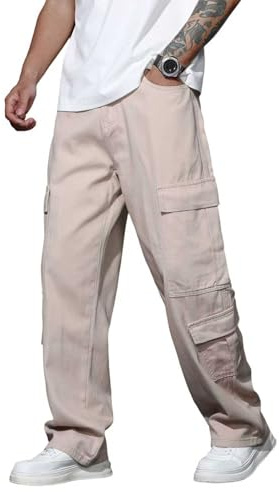 Zewool Hommes Casual Baggy Cargo Denim Pantalons avec Poches Jambes Larges Skater Jeans Y2K Hip Hop Streetwear Pantalon Droit Détendu Coupe décontractée 2000 Skateboard Streetwear,E10 Kaki,S