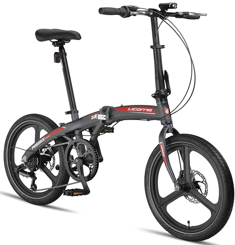 Licorne Bike Phoenix 2D Cross - Bicicletta pieghevole in alluminio, 20 pollici, freno a disco, pieghevole, da uomo e da donna, a 7 marce, telaio in alluminio (ruote Mag Wheels, antracite/rosso)
